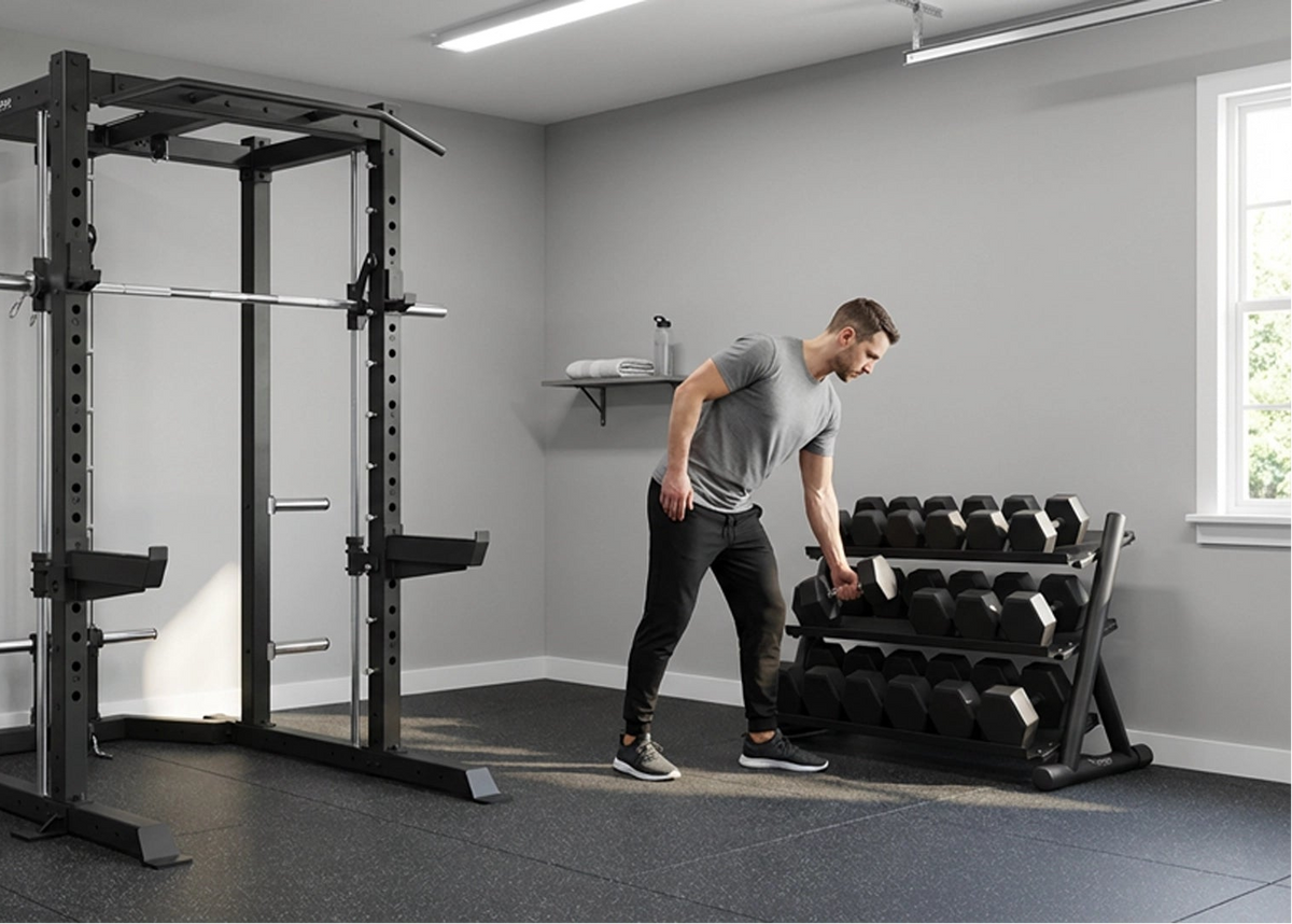 Man selecting dumbbells from a Vision Fitness 300-DBR Dumbbell Rack in a home gym.