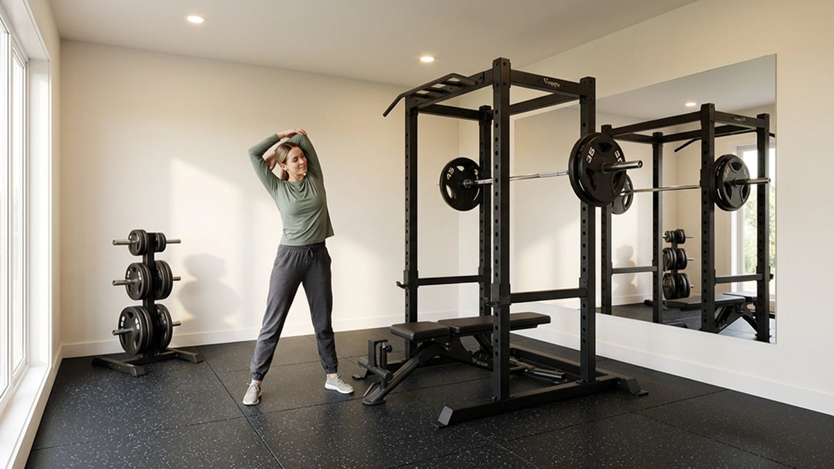 Person stretching in a home gym with a Vision Fitness 300-FID Adjustable Weight Bench.