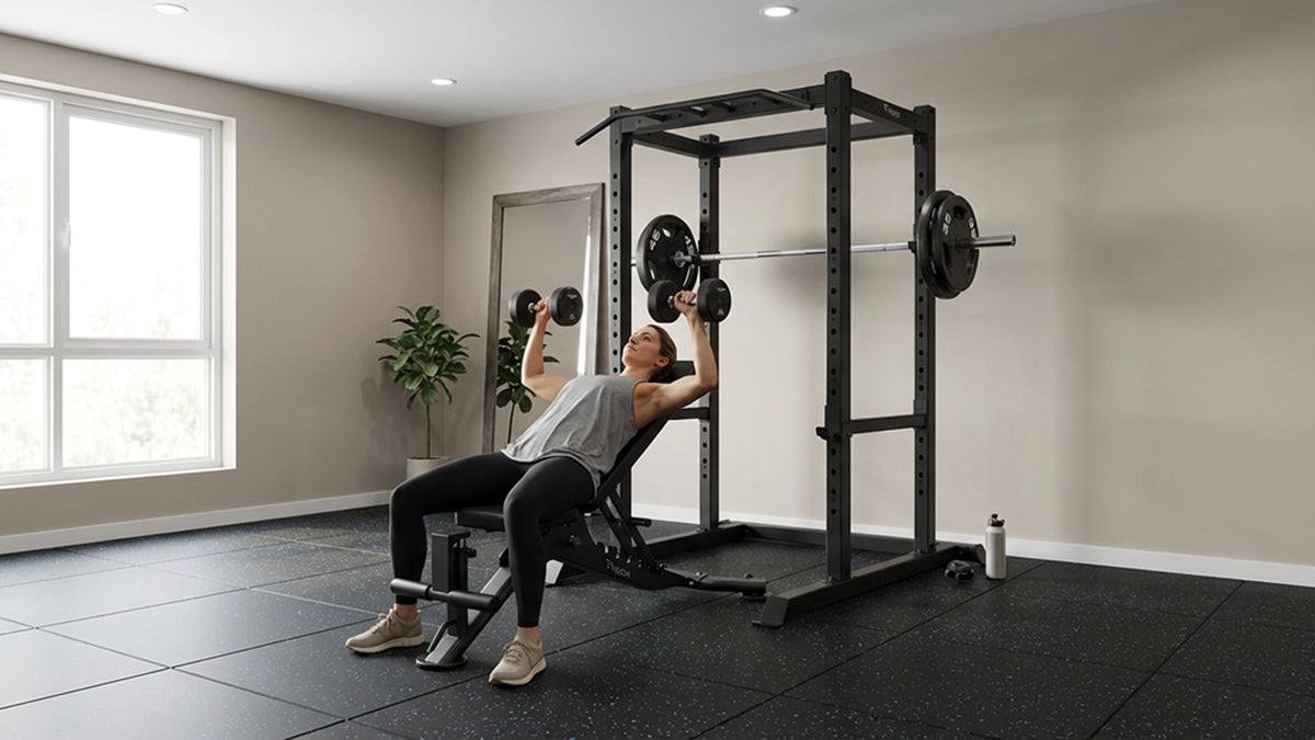 Woman working out with a Vision Fitness 300-FIDB Adjustable Weight Bench.