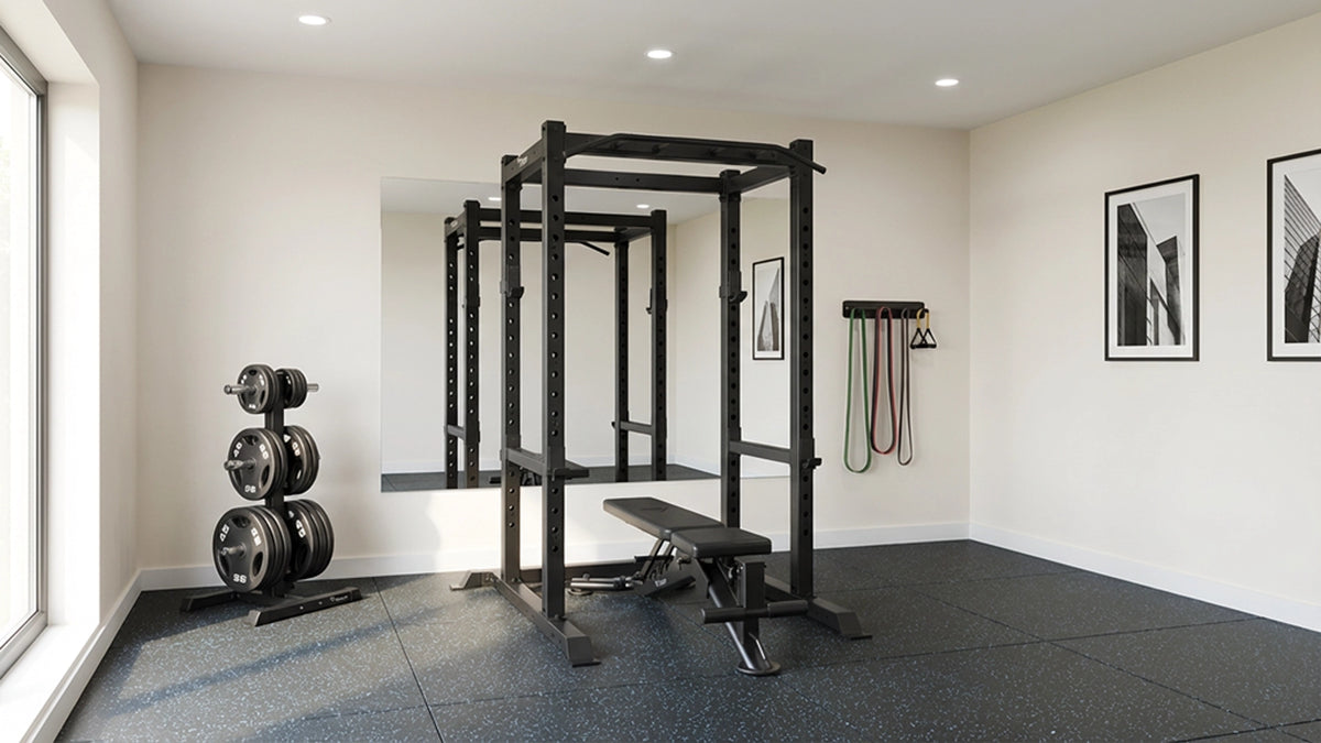 A home gym setup with a Vision Fitness 300-FIDB Adjustable Weight Bench.