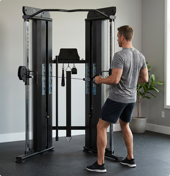 Man using a Vision Fitness 300-FT Functional Trainer in a home gym setting