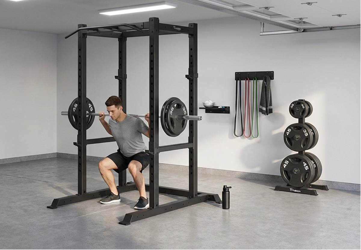 Person using a 300-PR power rack with weights and a Vision Fitness 300-WPS Weight Plate Storage Rack in the background.
