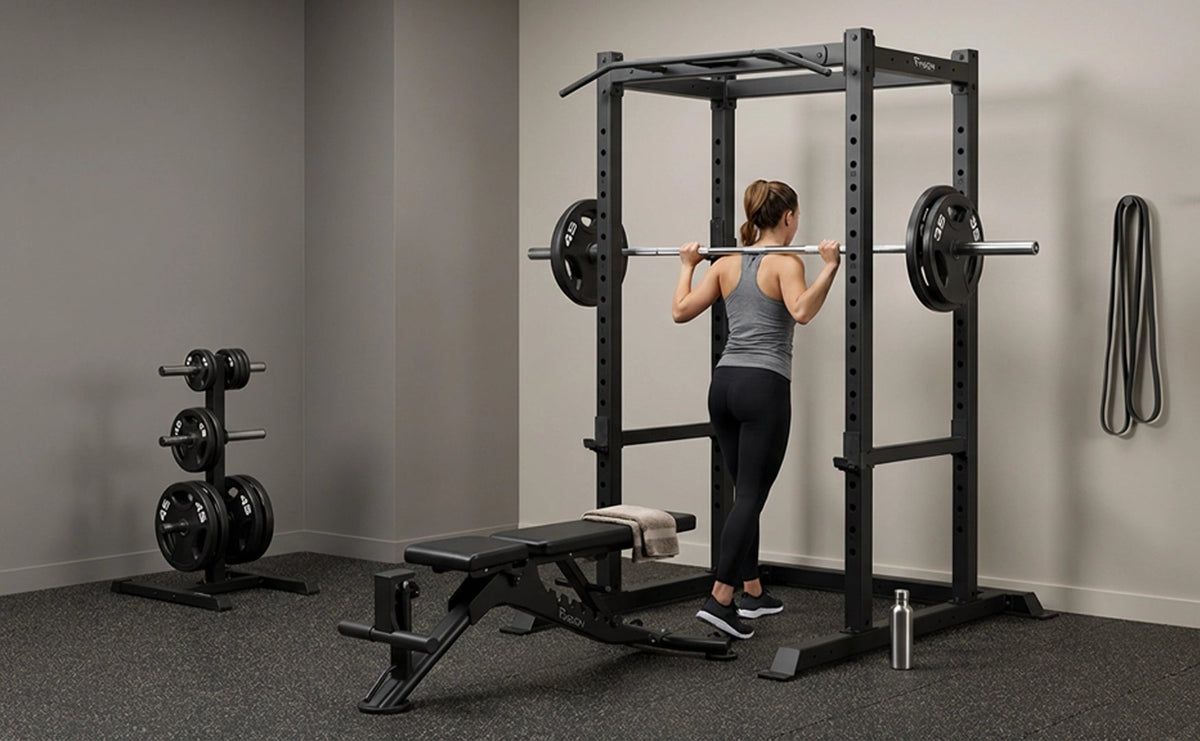 Woman exercising with a Vision Fitness 300-PR Power Rack in a home gym setting with a Vision Fitness 300-WPS Weight Plate Storage Rack in the background.