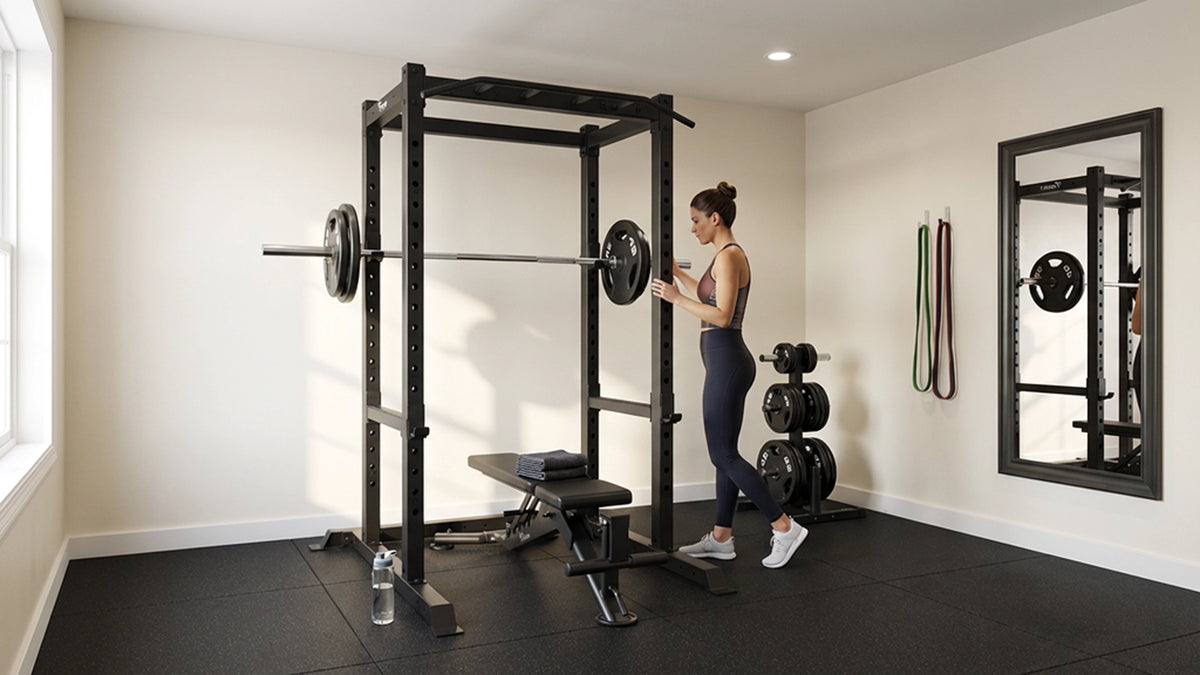 Woman working out with a Vision Fitness 300-PR Power Rack.