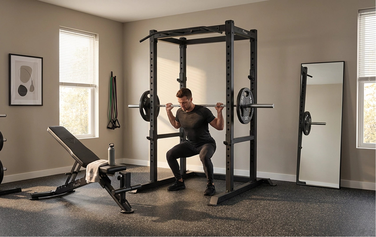 Person using a Vision Fitness 300-PR Power Rack in a home gym with various equipment.