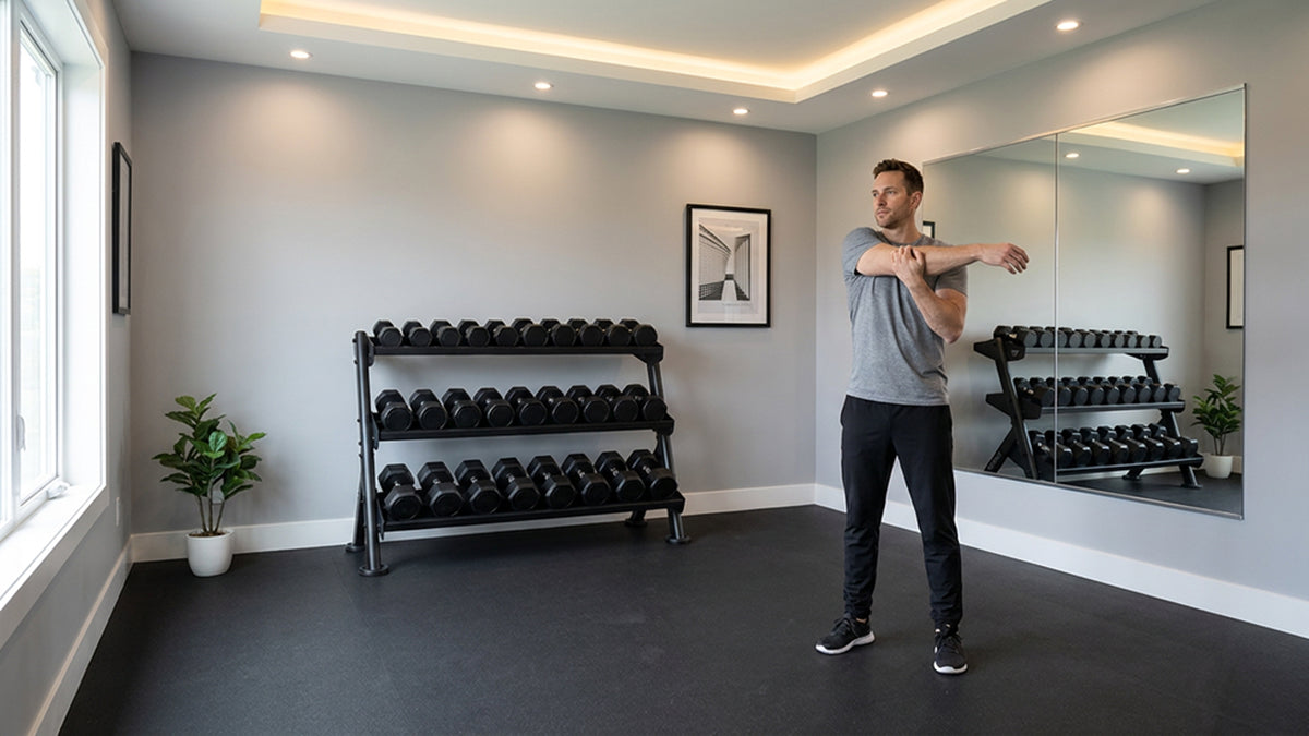 Man stretching in a home gym with a Vision Home Fitness 400-ADBR Adjustable Dumbbell Rack