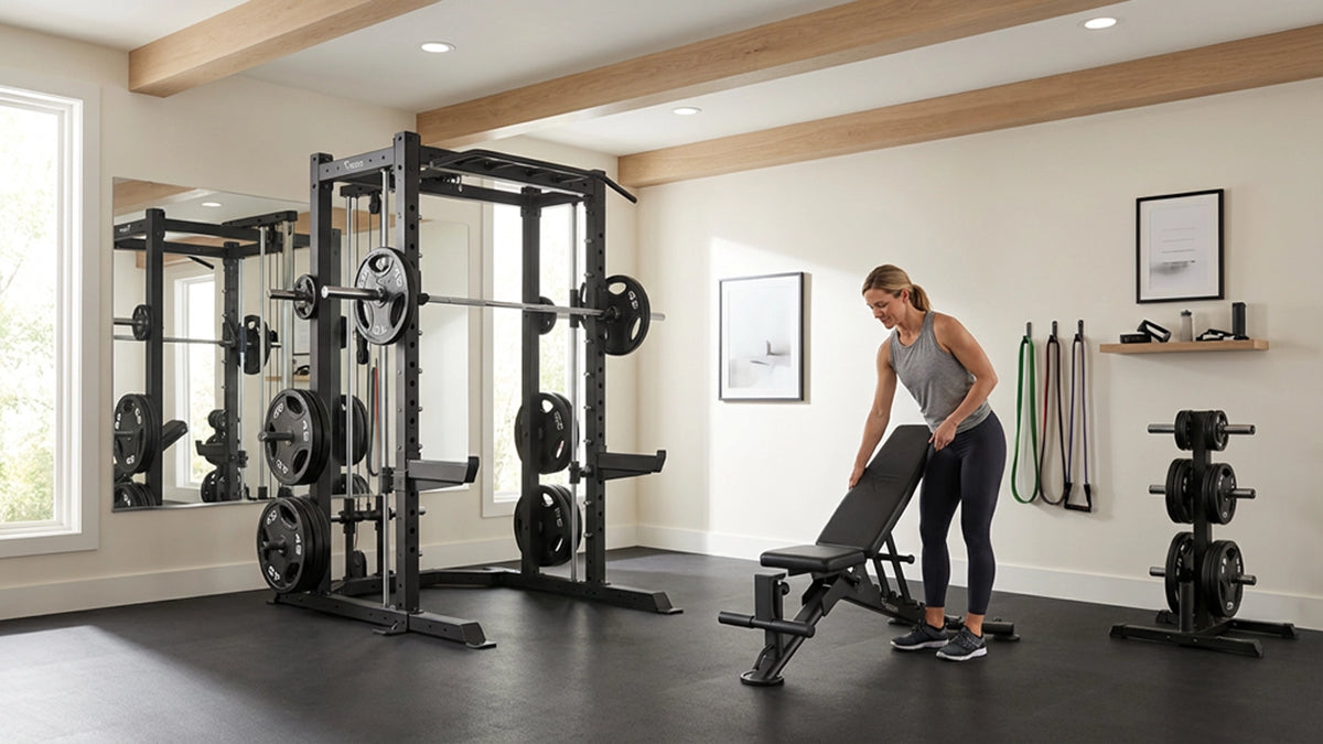 Woman working out in a home gym with Vision Fitness equipment.