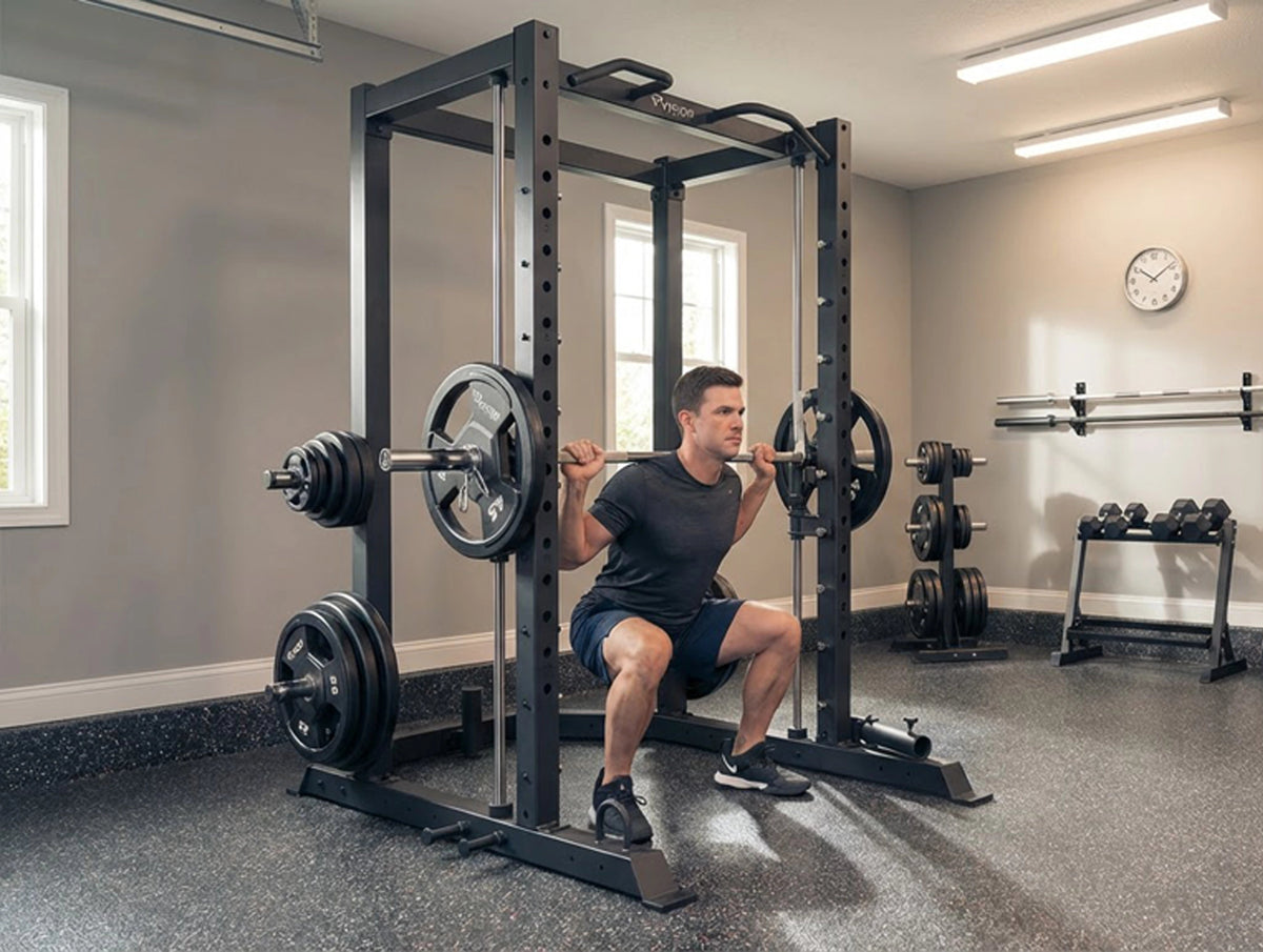 Man exercising with a Vision Fitness 400-PR Power Rack with Smith Machine – All-in-One Strength System in a home gym.