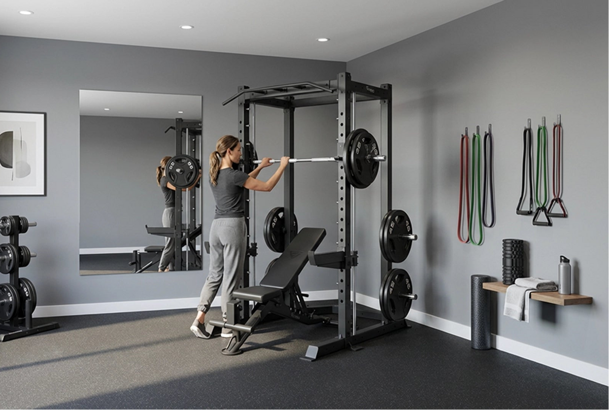 Woman working out with a Vision Fitness 400-PR Power Rack with Smith Machine.