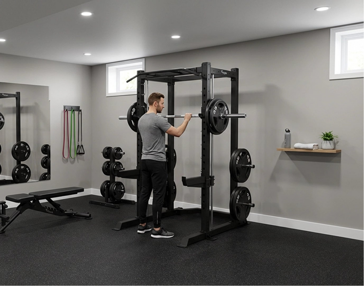 Man working out with a Vision Fitness 400-PR Power Rack with Smith Machine.