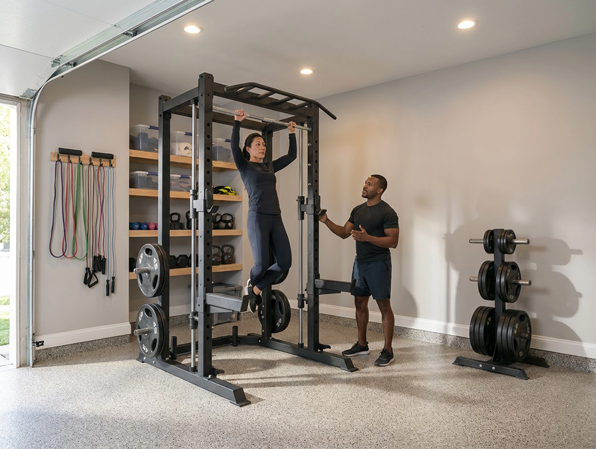 Two people using a home gym Vision Fitness setup in a garage.