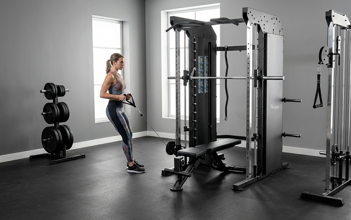 Woman exercising with a Vision Fitness 400-MTS Multi-Trainer Smith.