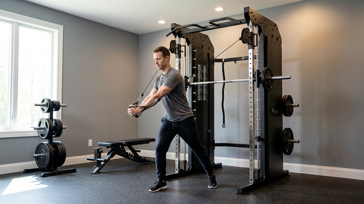 Man exercising with a Vision Fitness 400-MTS Multi-Trainer Smith.